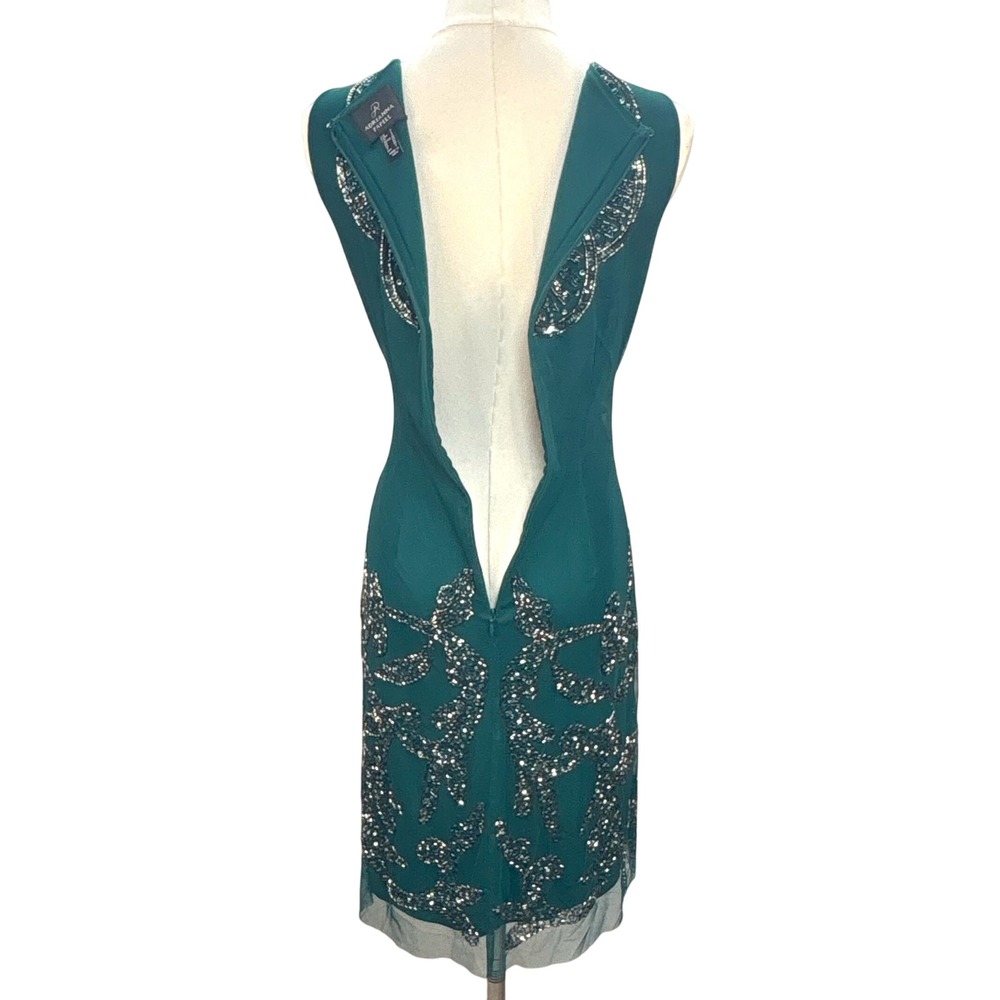 Adrianna Papell Sheath Dress Emerald Green Beaded Sequin Art Deco Women 4 - Picture 4 of 16